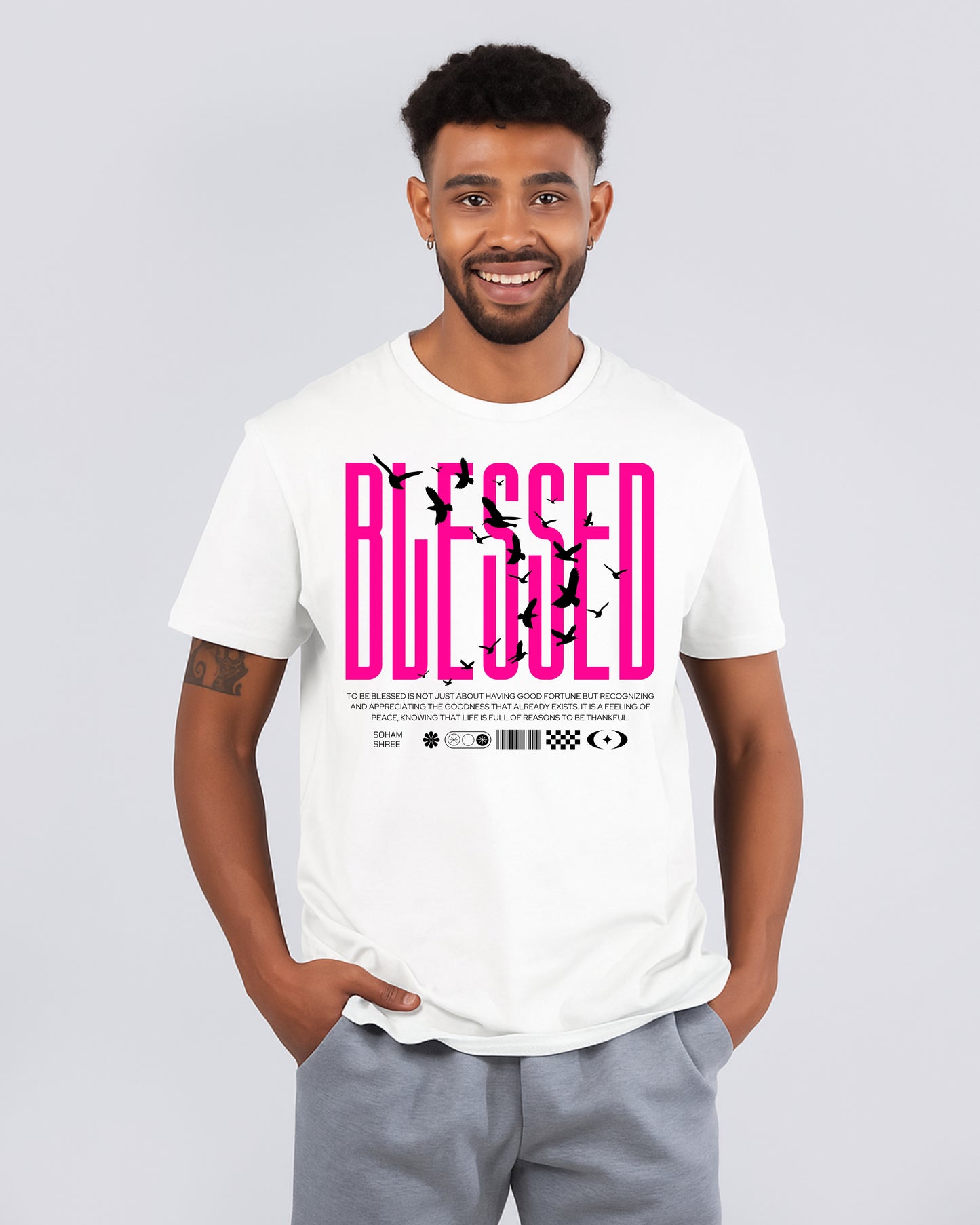 "BLESSED" Typography with Bird Silhouettes on a Black T-Shirt