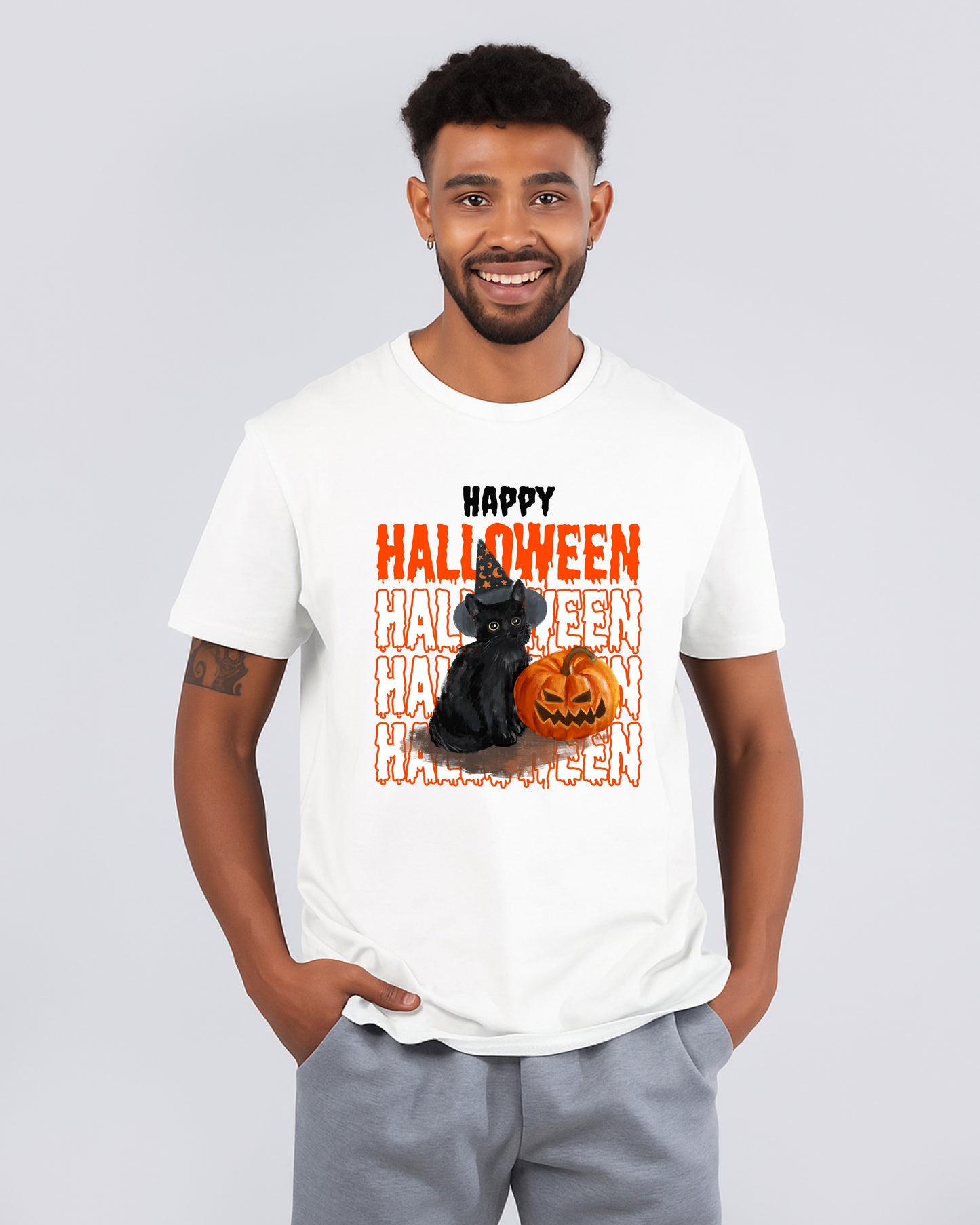 Halloween Black Cat and Jack-o'-Lantern on a White T-Shirt