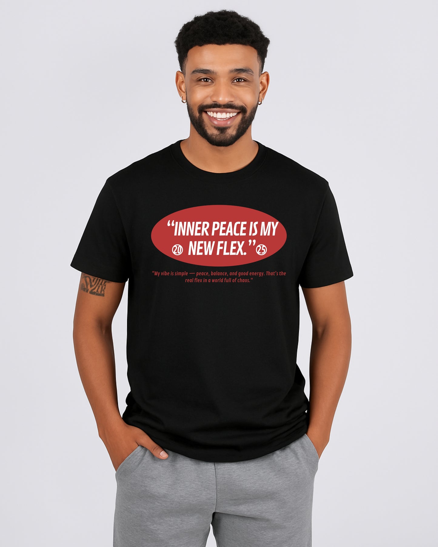 "Inner Peace Is My New Flex." Quote on a White T-Shirt