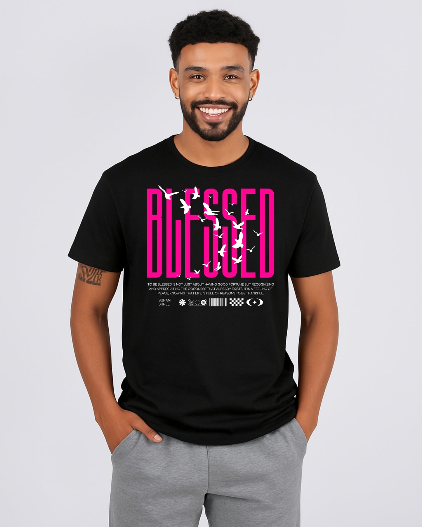 "BLESSED" Typography with Bird Silhouettes on a Black T-Shirt
