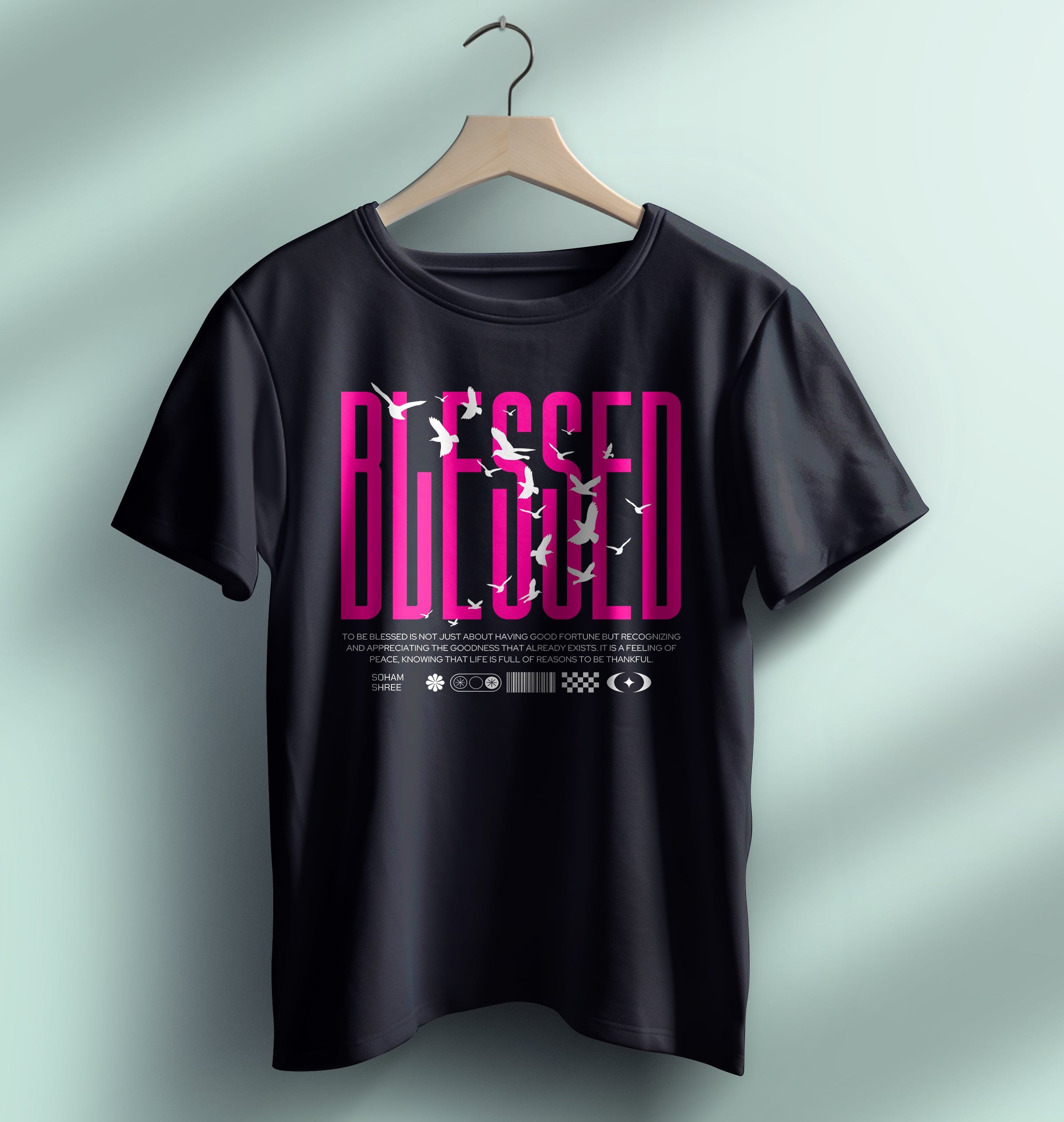 "BLESSED" Typography with Bird Silhouettes on a Black T-Shirt