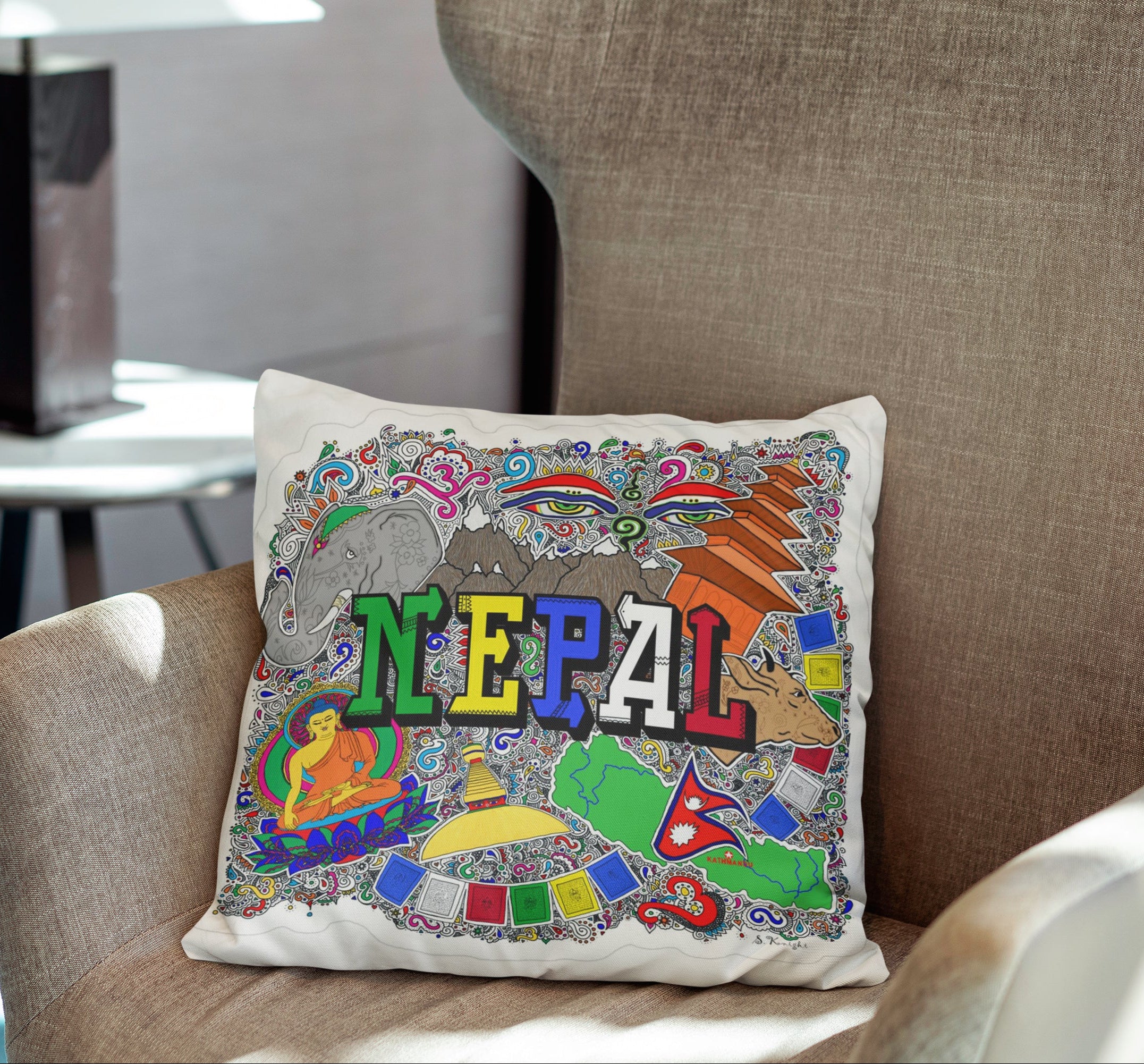 Nepal Doodle Art Sticker-Style Cushion