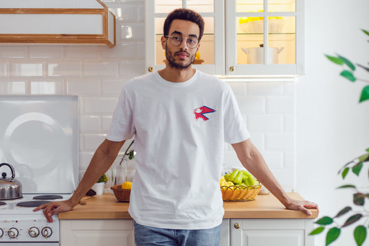Nepali Flag Pocket Logo on a White T-Shirt