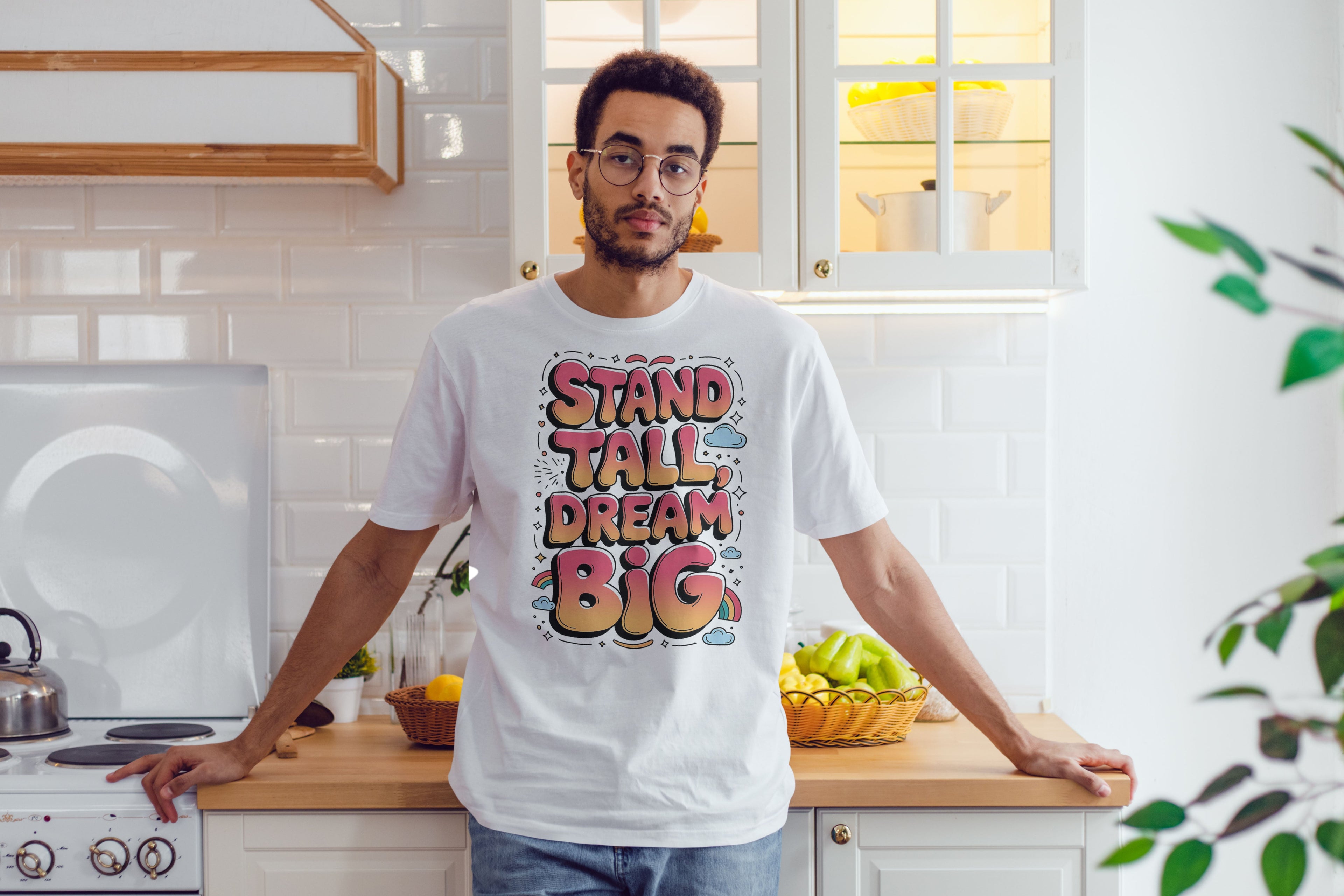 Motivational Bubble Text "Stand Tall, Dream Big"T-Shirt