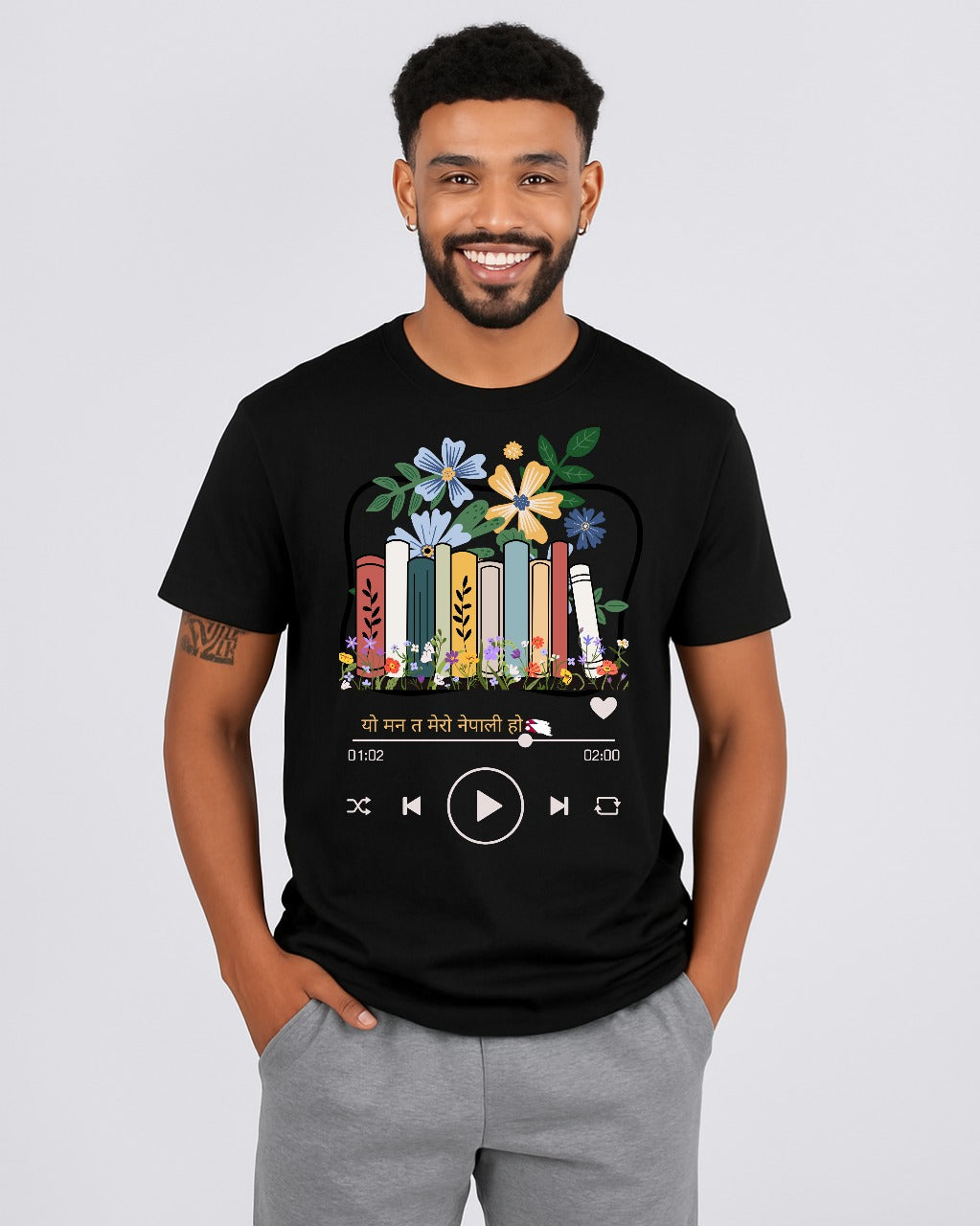 Black T-Shirt with Literary & Music Player Graphic