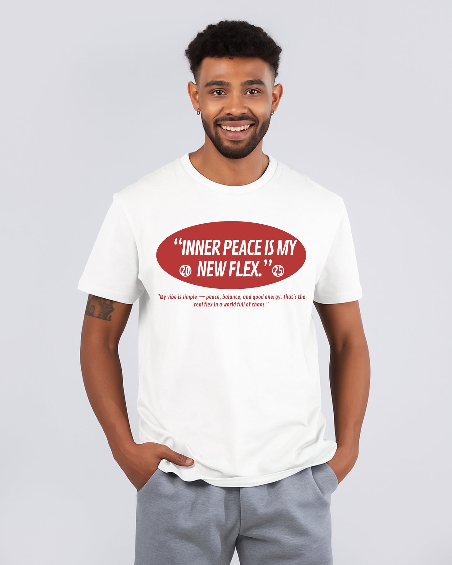 "Inner Peace Is My New Flex." Quote on a White T-Shirt