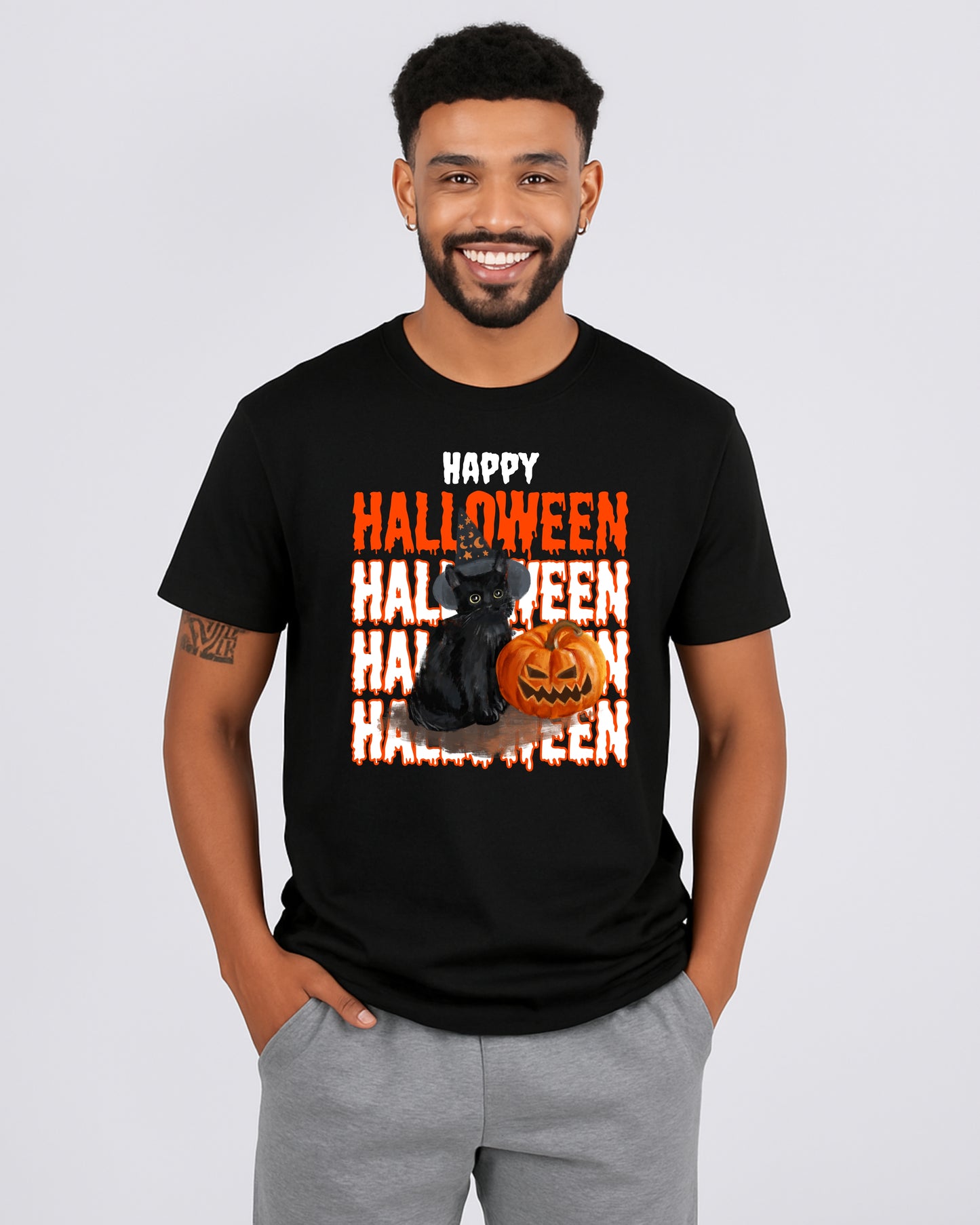 Halloween Black Cat and Jack-o'-Lantern on a White T-Shirt