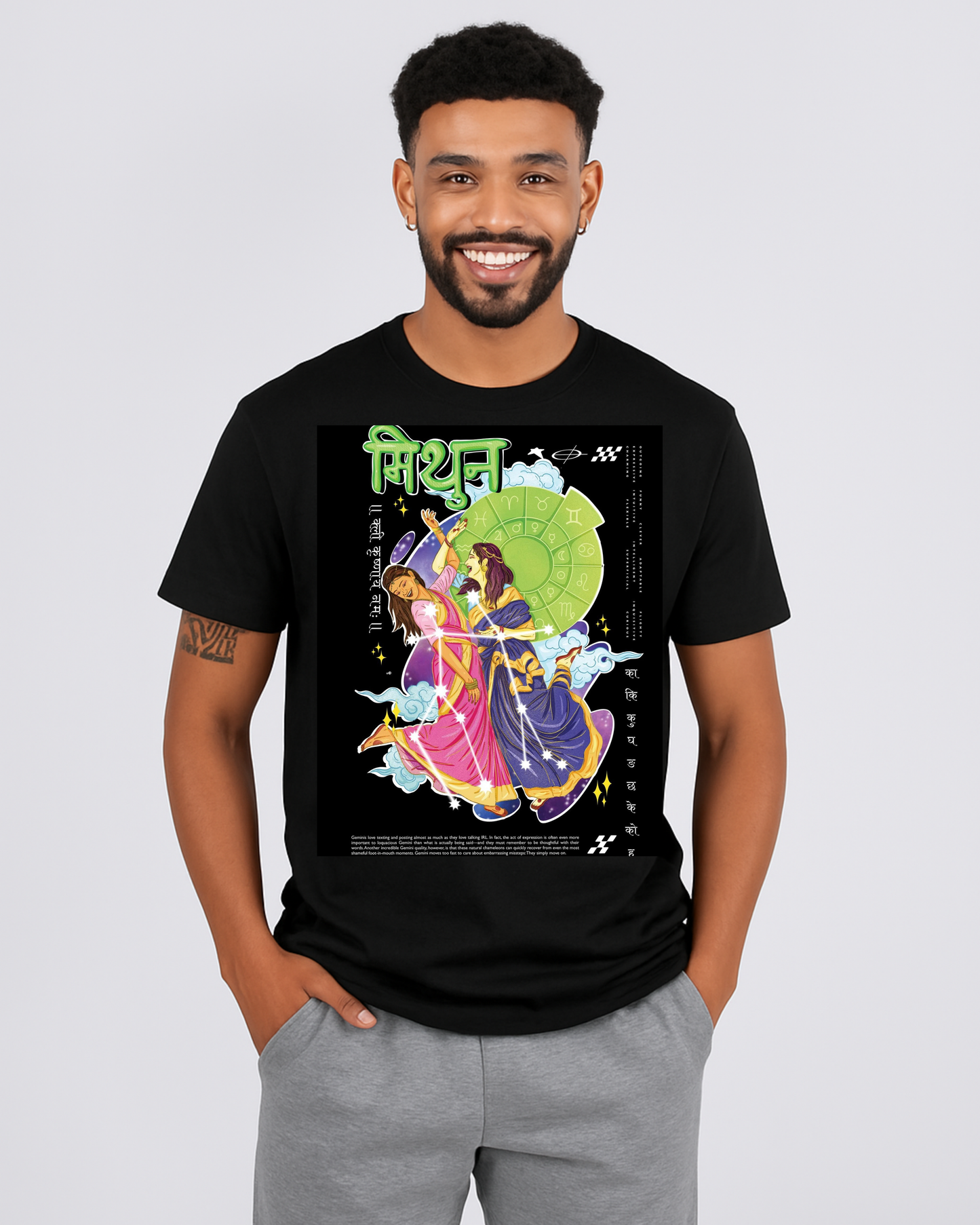 Black T-Shirt with Mythological (Mithun) Zodiac Graphic