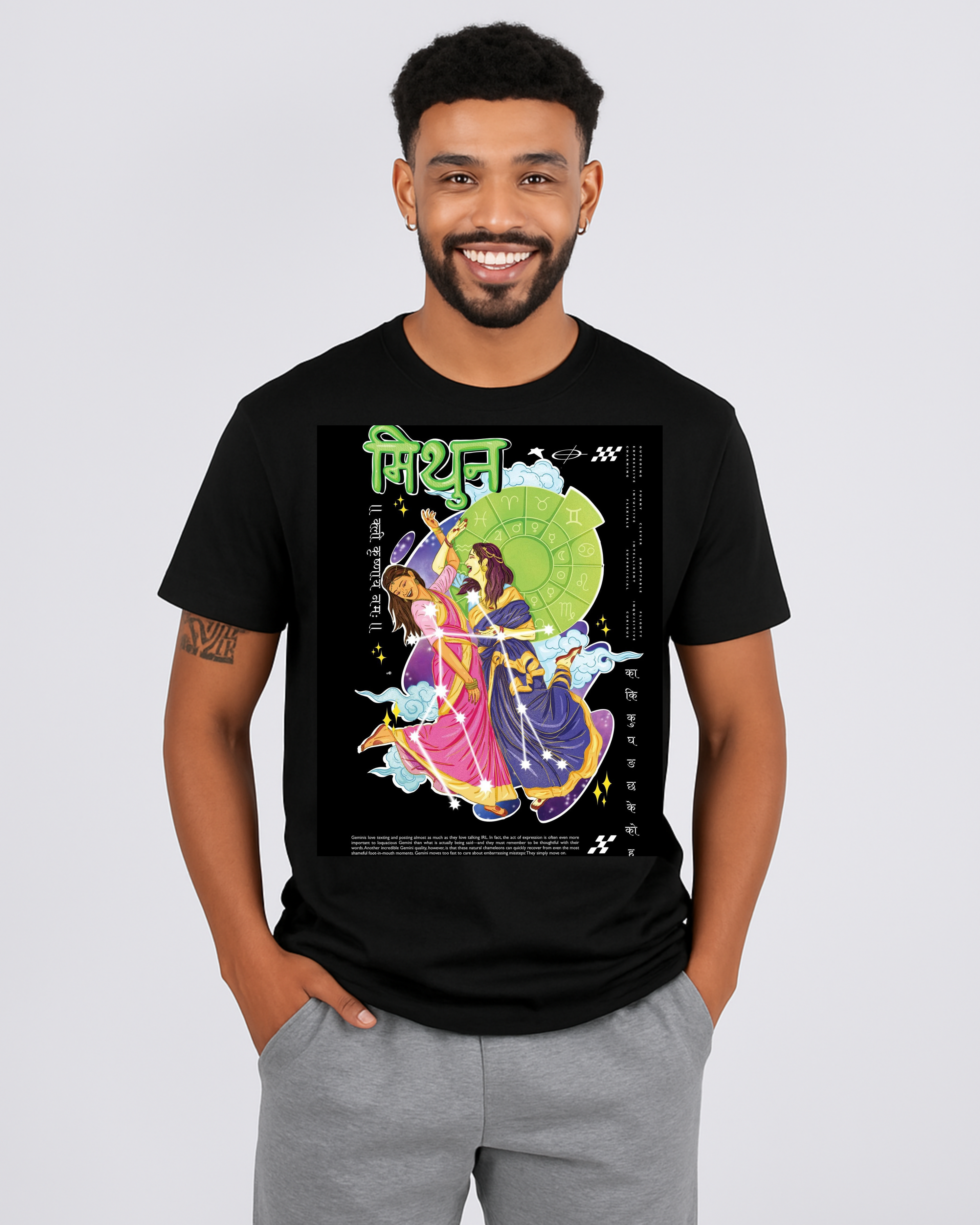 Black T-Shirt with Mythological (Mithun) Zodiac Graphic