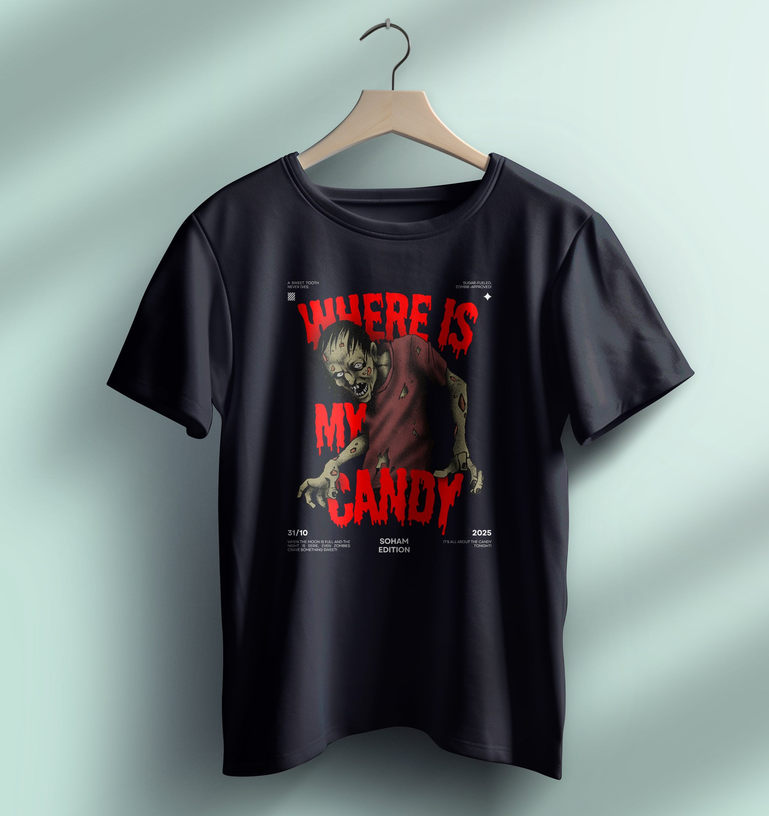 Zombie with "Where Is My Candy" Text on a T-Shirt
