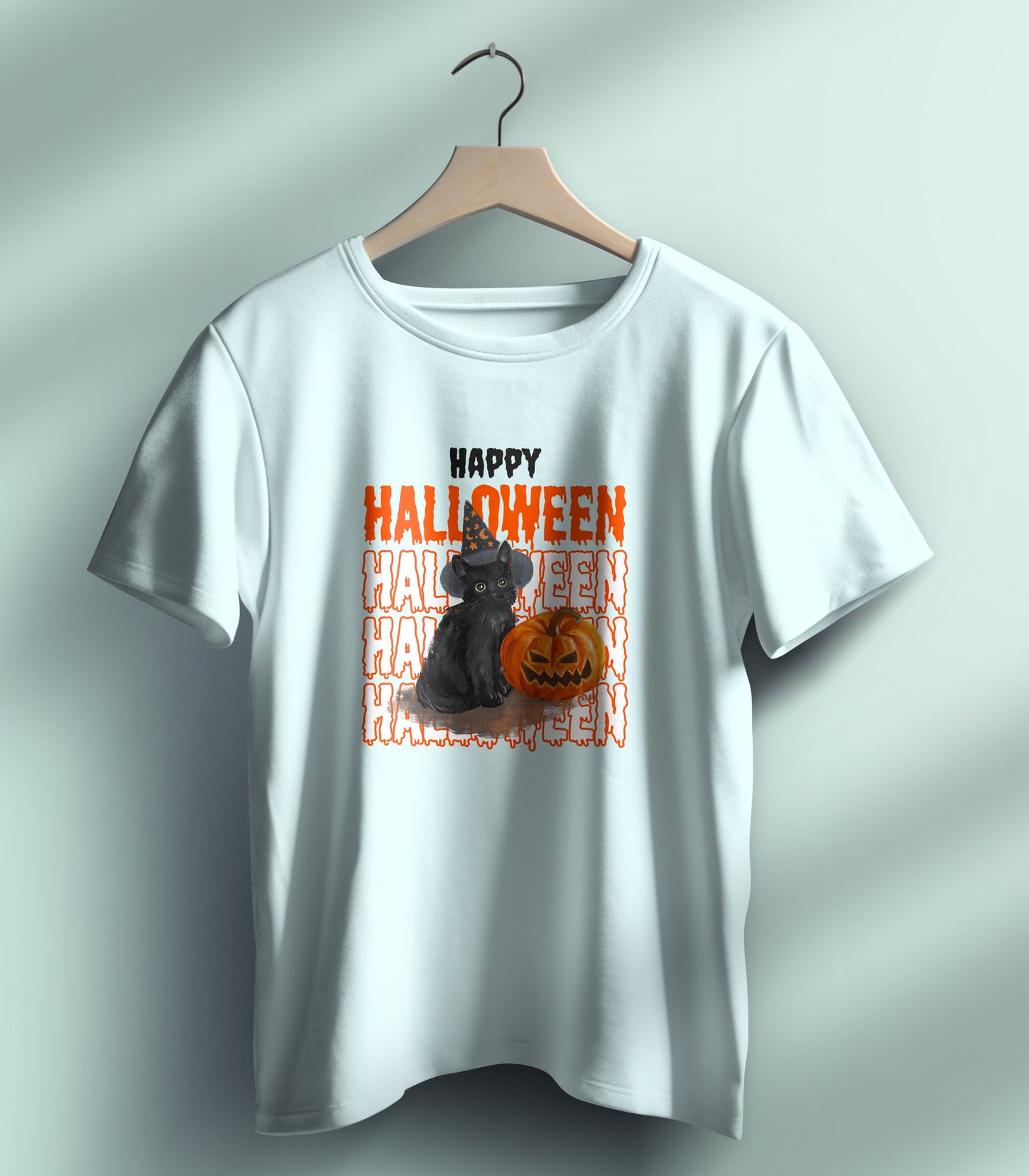 Halloween Black Cat and Jack-o'-Lantern on a White T-Shirt